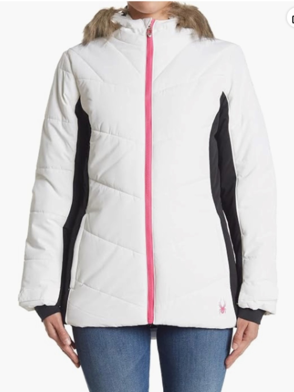 Spyder Women's Wren Faux Fur Hooded Full Zip Jacket, White Small